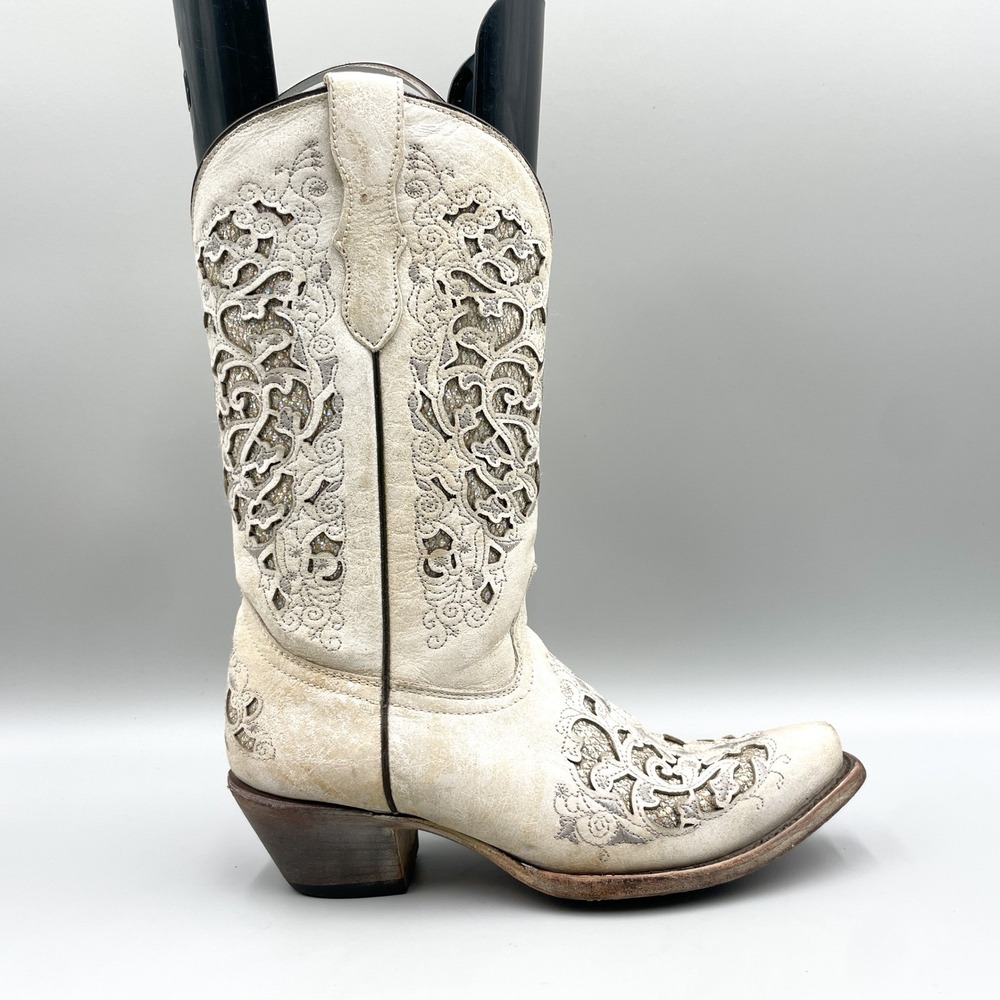 Corral Teens Size 4.5 White Distressed Glitter Inlay Western Boots Cowgirl Boho